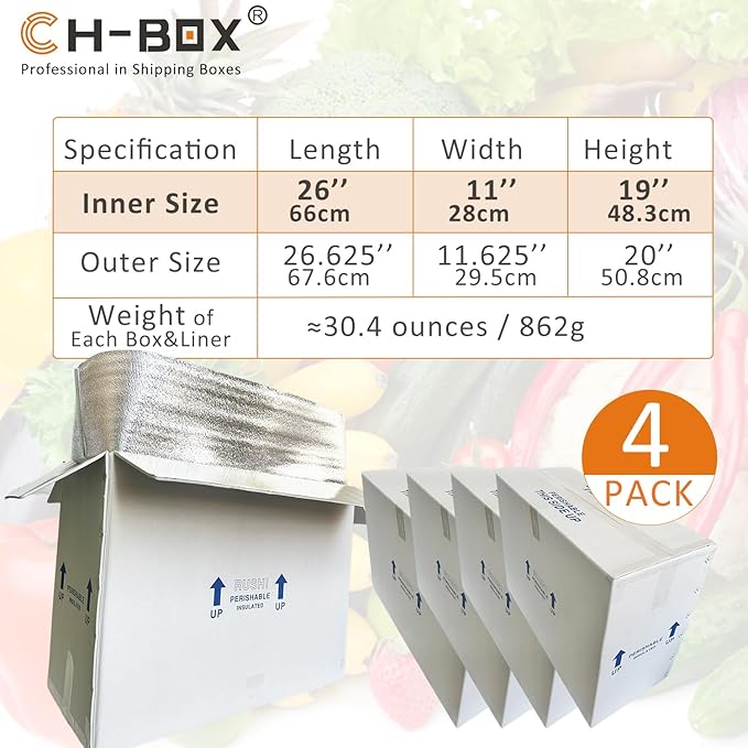Insulated Cold Shipping Boxes with Liners, 4 Pack 26'' x 11'' x 19'', for Perishable Frozen Food, White (TB261119L-4)