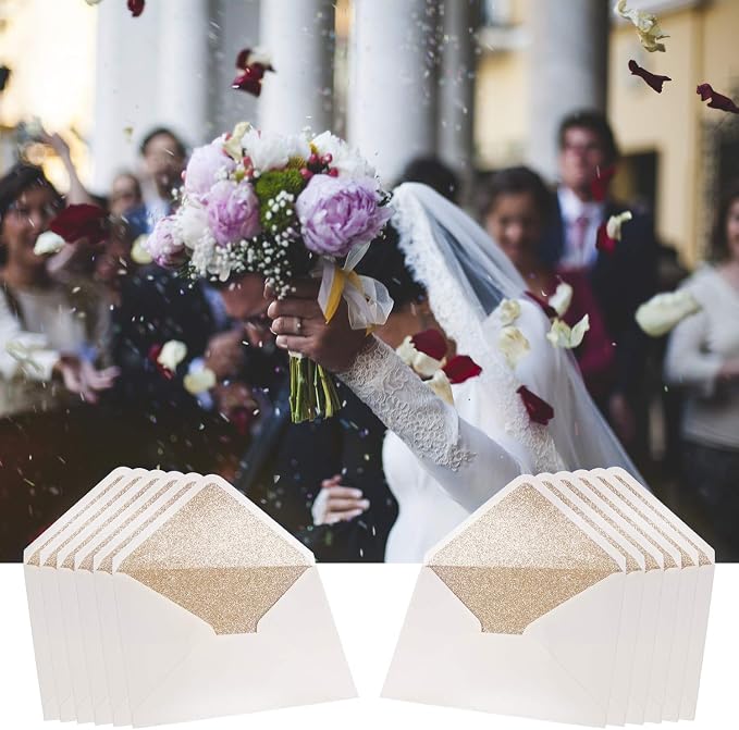 PONATIA 50 Pieces/Lot A7 Envelopes, 5.25 x 7.5'' Gold Glitter Shinny Envelopes, Perfect for 5x7'' Weddings, Invitation Cards,Graduation Invite