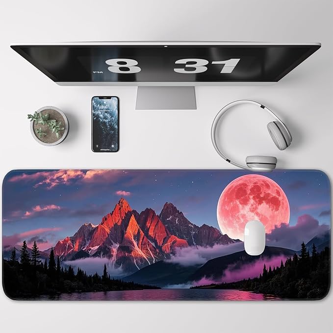 Mouse Pad, Gaming Mouse Pad, Large Laptop Pad, Waterproof and Non-Slip, Gaming Office Sewn Desk Pad, 31.5x11.8 Inch Extended, Moon Mountain