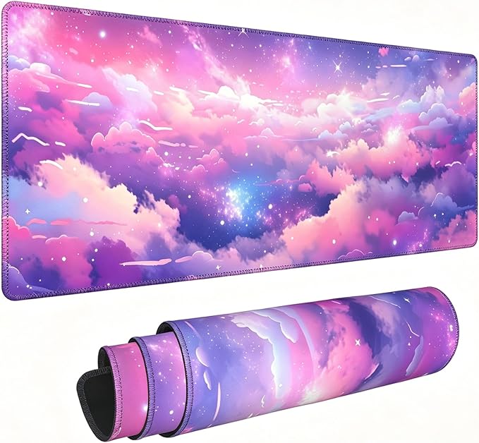Pretty Cloud Desk Mat,Large Cute Pink Purple Sky Mouse Pad,31.5x12in | Starry Sky Gaming Mousepad,Extended Girly Galaxy Desk Decor Deskmat for Women,Pastel Colorful XL Keyboard Mat,80x30 cm