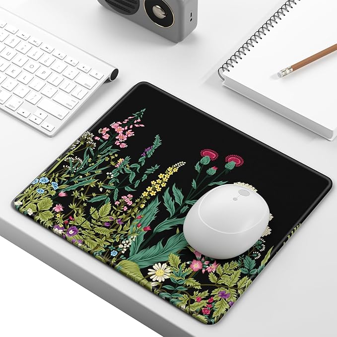 Mouse Pad, Minimalism Marble Style Computer Pad, Anti-Slip Rubber Mouse Mat with Stitched Edges for Gaming, Office, Laptop, PC, Women, 9" x 8" Thick 3 mm, Black Dandelion