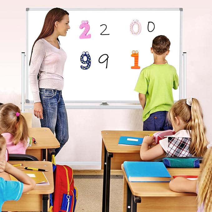 Double-Sided Mobile Whiteboard 48 x 36, Rolling Magnetic Board With Stands, Dry Erase on Wheels, Large White Board With 1 Eraser, 4 Markers and 20 Magnets