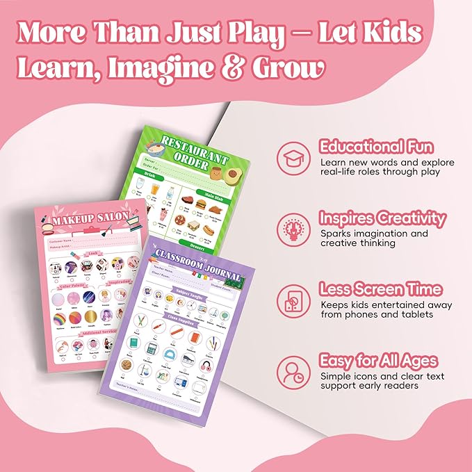 6 Pack Kids Pretend Play Notepads, 40 Pages Kids Playtime Pads, 4'' x 6'' Girls Theme Imaginative Role Play Activity Pads
