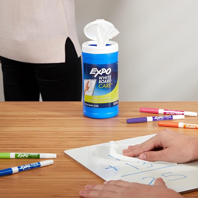 EXPO Whiteboard Care Dry Erase Wipes, Unscented, 8" x 5.5", 50 Count
