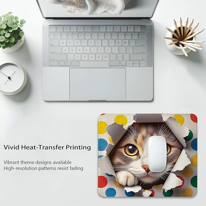 Naughty Cat Mouse Pad, Funny Kitty Peaking Through a Torn Desk Mat | Pet and Colorful Polka Dots Print Design, Cute Mousepad Stitched, Anti-Slip Base Smooth Surface, 9.5 x 7.9 Inch
