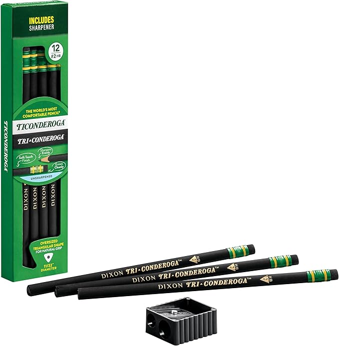 Ticonderoga Tri-Conderoga Triangular Pencils, Wood-Cased #2, Sharpener, Soft Touch Comfort Barrel, Black, (22500) (Pack of 6, 72 Count Total)