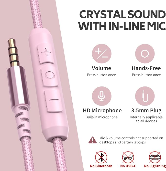 Wired Over-Ear Headphones Pink with Mic for School Work, 3.5mm Jack | Corded Passive Noise Isolating Stereo Headphones with Volume Control, Comfort Protein Leather Earcups for Teens, Women, Girls