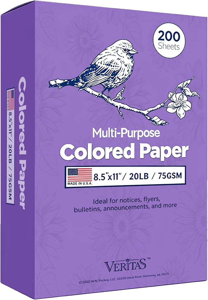WritePads Veritas Colored Copy Paper, Purple Paper,Colored Printer Paper 8.5” x 11” Letter Size, 20 lb / 75 GSM, Purple, 200 Sheets, For Copy, Printer, Multi-Purpose, Made in USA