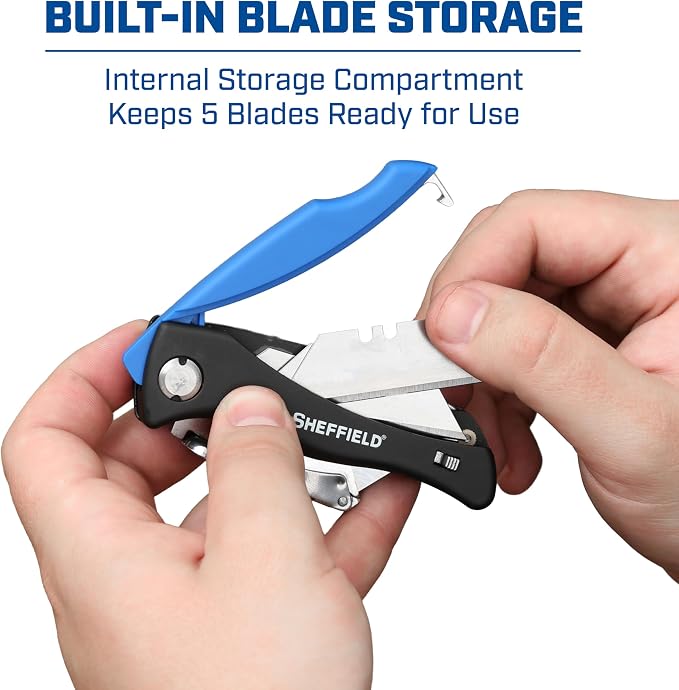 Sheffield 12119 Utility Knife & 5 Utility Knife Blade Storage Compartment | Utility Knife Accepts Standard Utility Blades For Home, Office, Trades, and Warehouse