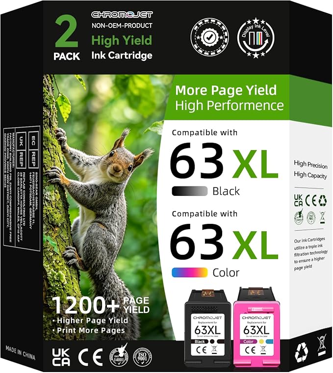 High Yield 63XL Ink Cartridges Black and Color Replacement for HP Ink 63 fit for Envy 4520 4512 4510 OfficeJet 3830 4650 5255 5258 5200 4655 DeskJet 1112 2130 3630 Printer-2 Pack,Display Ink Level
