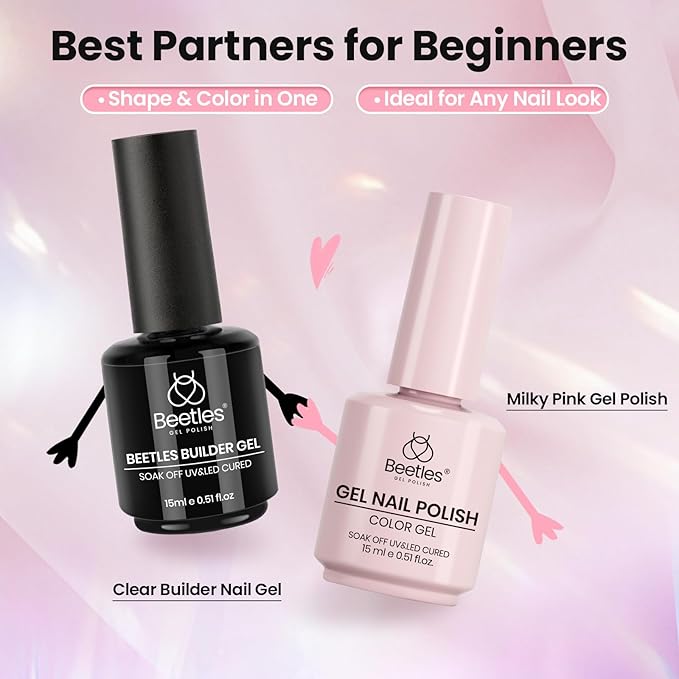 Beetles Builder Gel for Nails & Milky Pink Gel Nail Polish, 8 in 1 Clear Builder for Nail Apex, Strengthening,Crack Repair & Extension,Beginner-Friendly DIY UV Nail at Home,with Nail Art Brush
