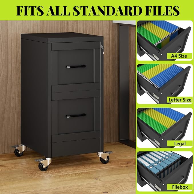 2-Drawer Rolling Metal File Cabinet with Lock, Narrow, Black | Mobile metal filing cabinet with casters; rails fit Letter, Legal and A4 folders, one lock secures both drawers