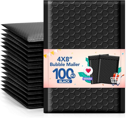 GSSSUSA Bubble Mailers 4x8 Inch 100 Pack Padded Envelopes Usable Size 4x7 Inch Shipping Envelopes Self Seal Small Packaging Shipping Bags for Mailing Jewelry, Small Business, Black
