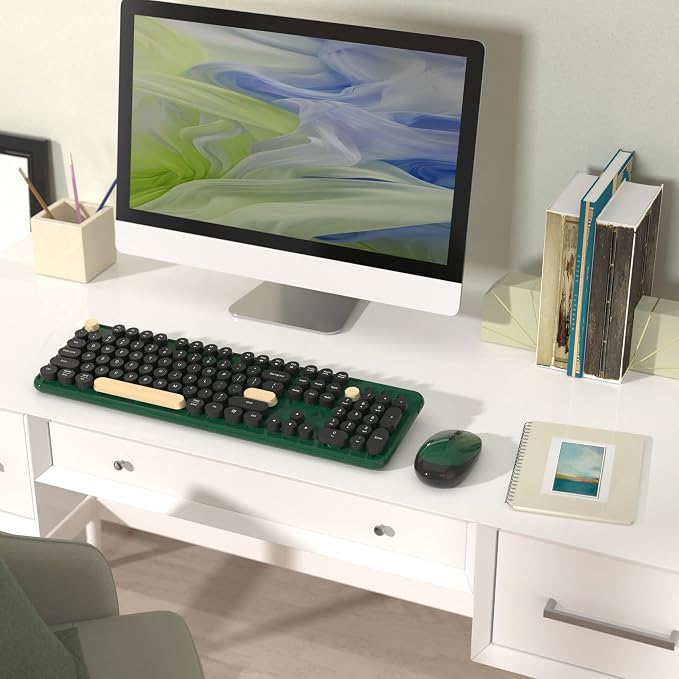 Retro Wireless Keyboard and Mouse Combo with Wrist Rest (Dark Green) | COVEVA Aesthetic Typewriter Style, Full-Size Clicky Tactile Floating Round Keys, 2.4GHz Ergonomic Set for Mac, Windows