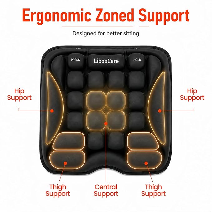 Office Chair Cushion with Adjustable Air-Cell Support, Inflatable Seat Cushion with Built-in Pump for Long Sitting, Desk Chair, Home Office, Computer Chair and Dining Chair