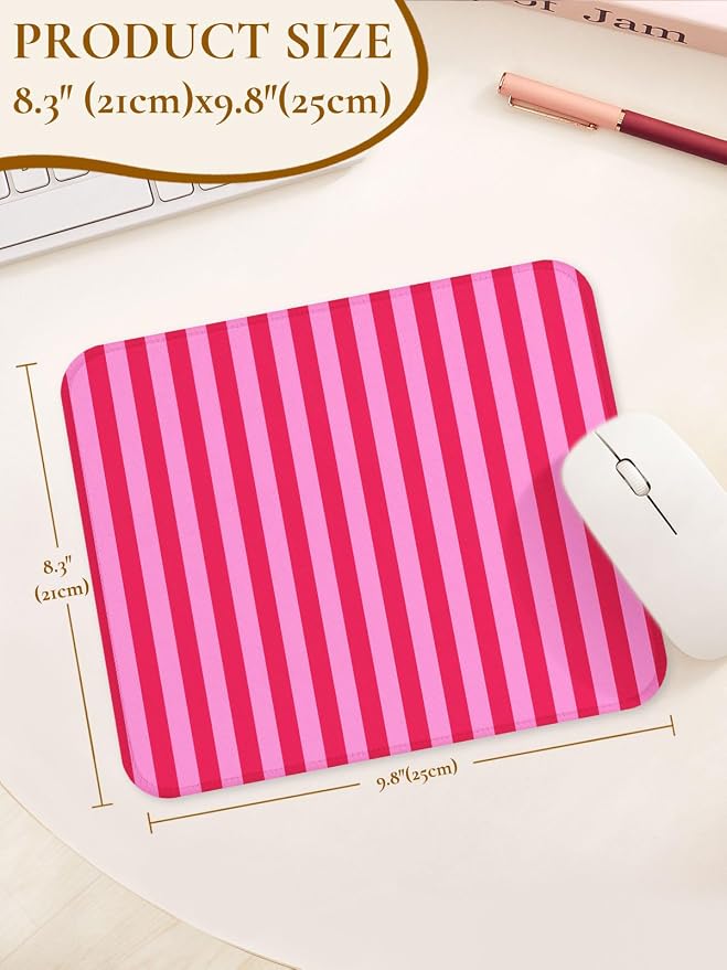 Square Cute Striped Mouse Pad with Stitched Edge, Premium Waterproof Cloth Aesthetic Small Stripe Mouse Mat, Non-Slip Rubber Base Funny Mousepad Desk Accessories,Striped Hot Pink