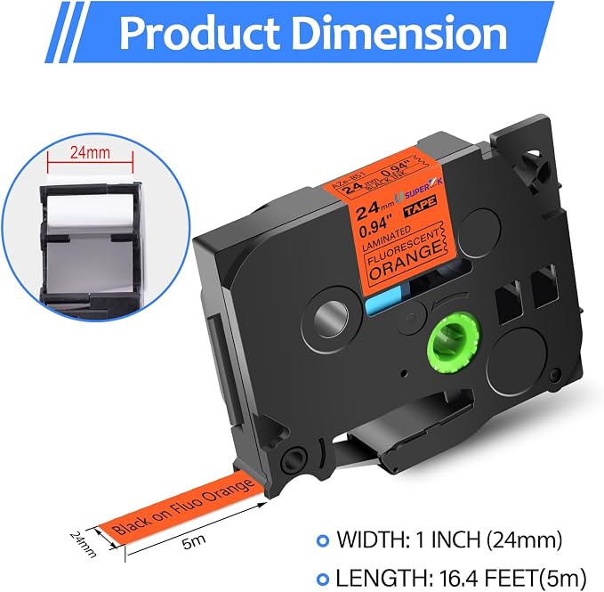 5PK Compatible for Brother P-Touch Label Maker Tape TZe-B51 TZ-B51 TZeB51 TZB51 Black on Fluo Orange 24mm 0.94 inch 1'' x 16.4ft Laminated TZe TZ Label Tape for PT-2400 2410 2430PC 2470