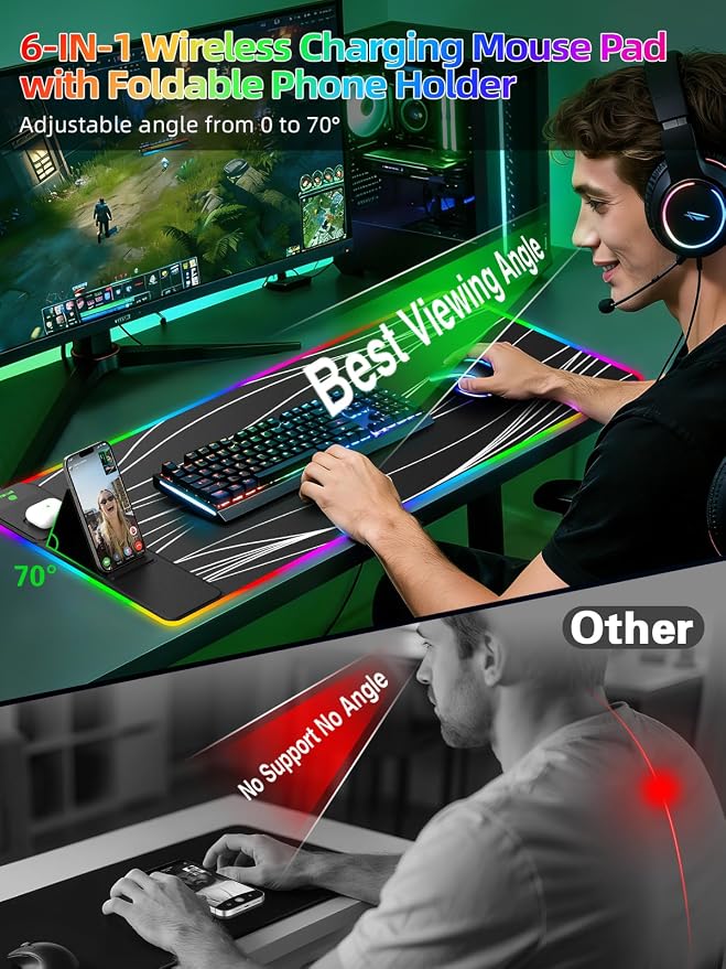 Mouse Pad with Foldable Phone Holder & Wireless Charger, XXL RGB Gaming Mousepad 31.5"x15.8" Large Desk Mat for Keyboard, Black Desk Pad with Dual Qi Charging Station | 11 Colors 5 Modes