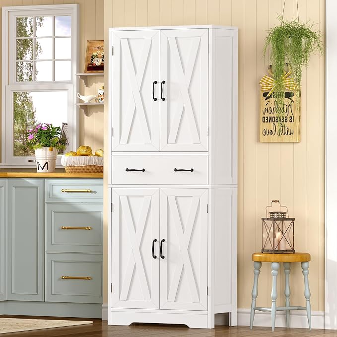 Tall Storage Cabinet with 2 Adjustable Shelves & 1 Large Drawer, Kitchen Pantry Cabinet with 4 Doors, Bathroom Storage Cabinets, for Living Room, Kitchen, Bathroom, White