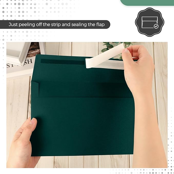 Harloon 100 Pcs A9 Invitation Envelopes 5.75 x 8.75 Inch Self Adhesive Wedding Invitation Envelopes Paper Greeting Card Envelope for Photos Letters Baby Shower Office 110 Gsm Paper(Dark Green)