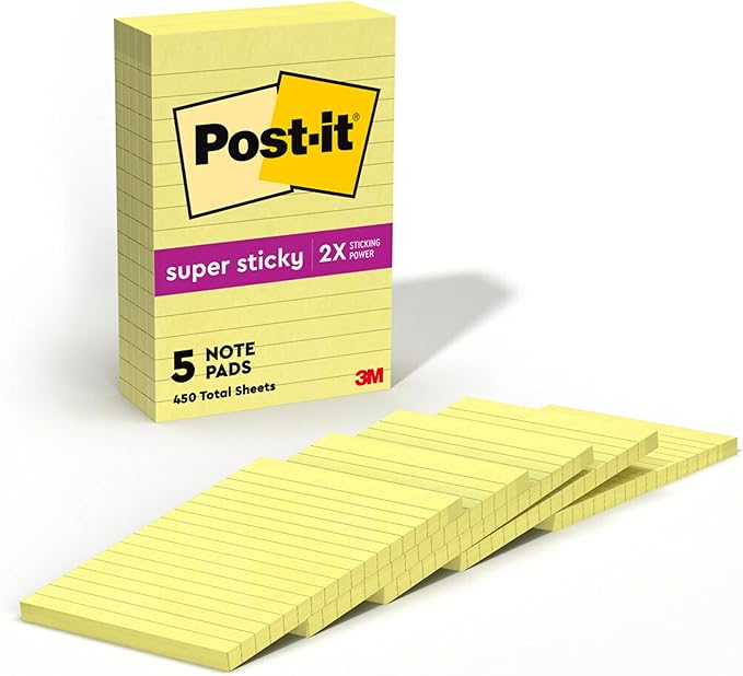 Post-it Super Sticky Notes,4x6 in,5 Pads,2X The Sticking Power,Canary Yellow,Recyclable,(Pack of 8)