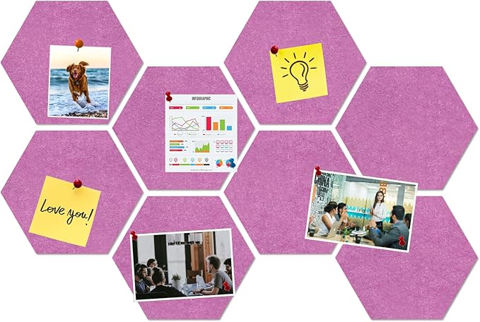 Large Hexagon Felt Cork Board Tiles, Self Adhesive DIY Felt Bulletin Board Pin Board with 35 Pushpins for Office School Home Wall Decor Stickers Memos Photos Display(Light Purple)