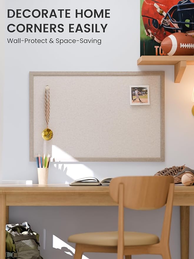 Fluxynara 35.4" x 23.6" Felt Frame Bulletin Board, Oatmeal | Cork Board Alternative with 24 Removable Adhesive Tabs, Foldable Pin Board for Wall, Home, Office, Classroom & Dorm