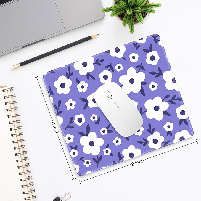 Mouse Pad, Minimalism Marble Style Computer Pad, Anti-Slip Rubber Mouse Mat with Stitched Edges for Gaming, Office, Laptop, PC, Women, 9" x 8" Thick 3 mm, Purple Flower