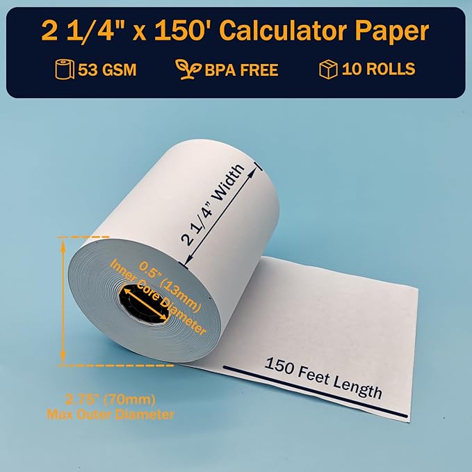 2 1/4 in x 150 ft Calculator Paper Rolls 2 1/4 Adding Machine Tape Paper Rolls, for HR-10RC, HR-170RC, HR-200RC, EL-1197PIII, EL-1801V, P23-DHV-3, CP-90A, MP11DX-2, 1280-2, 53 GSM, 10 Rolls