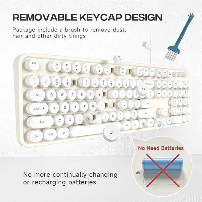 Computer Keyboard Wired, Plug and Play USB Retro Round Typewriter Keyboard, Full Size Wired Keyboard with Foldable Stands for Laptop and Office PC