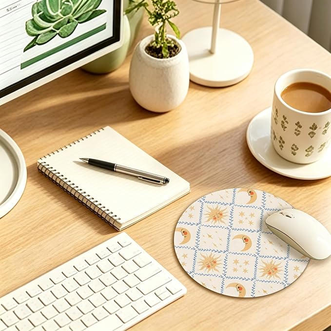 Boho Celestial Sun and Moon Round Mouse Pad 7.9x7.9in | Watercolor Sun and Moon Mystical Astrology Mousepad Mouse Mat for Computer Laptop Home Office Dorm Desk Accessories
