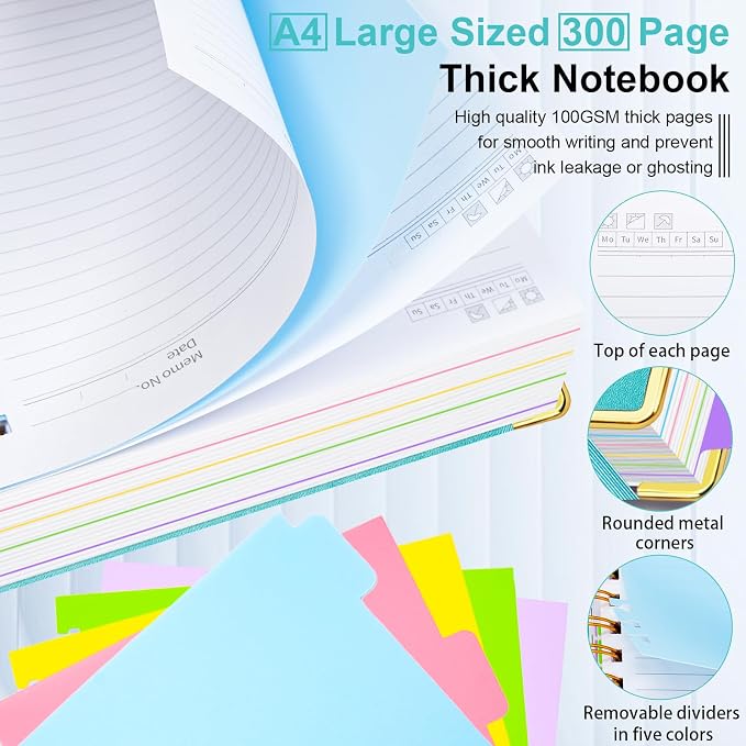 Hardcover Spiral Notebook 8.5"x11" Journal Notebook with Tabs and Removable Dividers 300 Pages 5 Subject Notebook College Ruled, Faux Leather Spiral Bound Notebook for Women School Work(Blue)