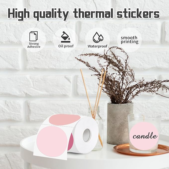 3 Inch Thermal Label,Pink Round Thermal Printer Label,Waterproof Thermal Stickers for DIY Logo Design,Name Tag,Thanks Card 300 Labels/Roll (Pink)