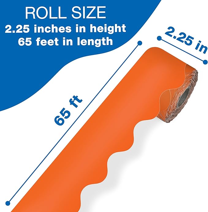 Carson Dellosa Education 65Ft of Orange Bulletin Board Borders, 1 Roll of Scalloped Trim for Rolling Whiteboard, Cork and Posterboard, Halloween, Party Decorations, and Classroom Decor