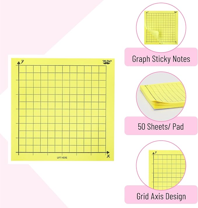 Mr. Pen- Graph Sticky Notes, 3x3 Inch, 6 Pads, 50 Sheets/Pad, 300 Sheets | 6 Grid Designs, Bright Colors, Square Graph Paper Notes, Grid Sticky Note Pads for Math, Study, Journals, Planners