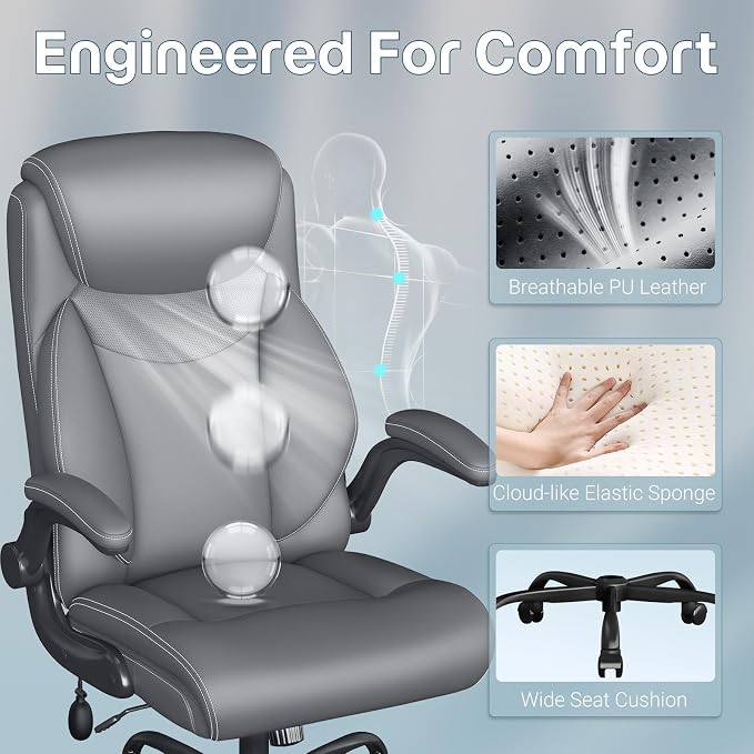 Ergonomic Office Chair, Big and Tall Office Chair, Executive Chair- Padded Leather Comfy Chair with Adjustable Lumbar Support & Flip-Up Arms, Rocking Swivel Chair for Home Office,Gray