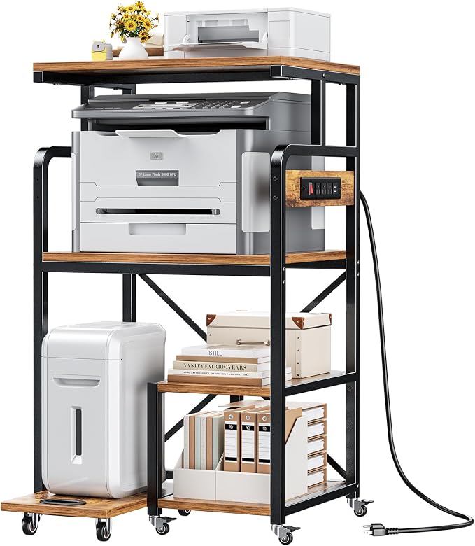 POKIPO 4 Tier Large Printer Stand Table with Power Outlet Adjustable Shelf | 26.7" x 21.2" x 50.2" Tall Cart,Fit 2/3 printers, Rolling with Wheels,Home Office Kitchen Stand,for 3D Printer Paper Shredder