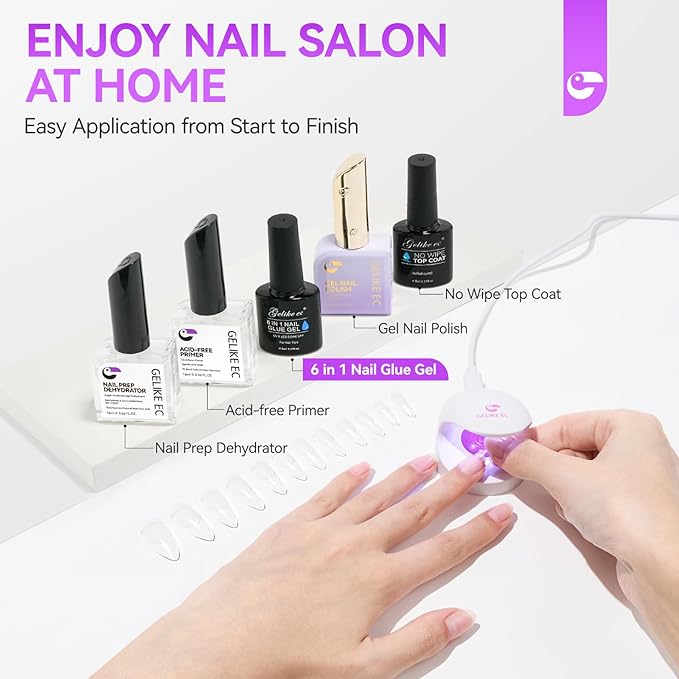 Gelike EC UV Gel Nail Glue for Press On Nails: 6 in 1 Strong UV Nail Glue for Nail Tips and Acrylic Fake Nail - Long Lasting 28 Days Quick Dry - Beginner Friendly DIY for Home Salon