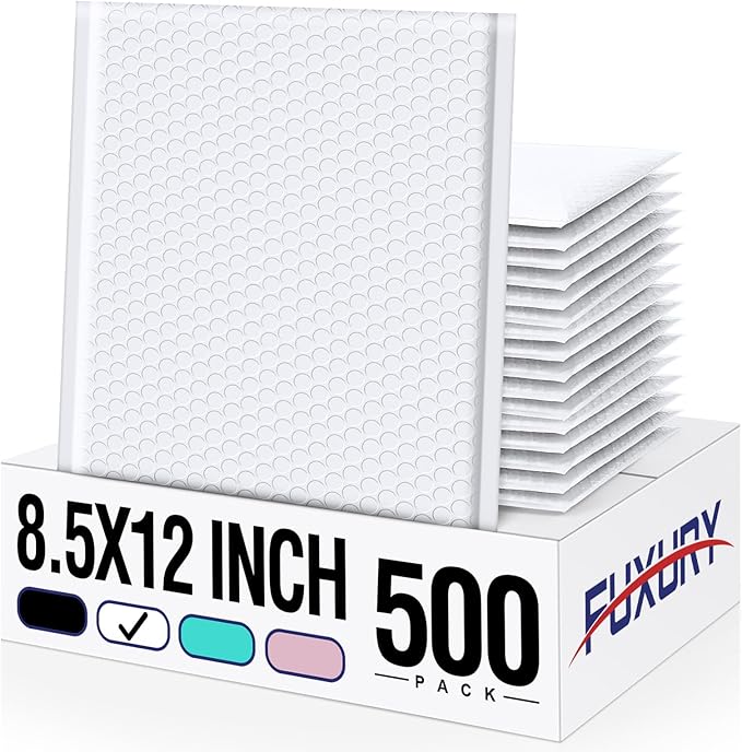 Fuxury 500 Pack White Bubble Mailers 8.5x12" Opaque Bubble Envelopes Usable Size 8.5x11 Inch Strong Adhesion Padded Mailers Thick Padded Envelopes for Small Business Mailing Books Clothes Supplies