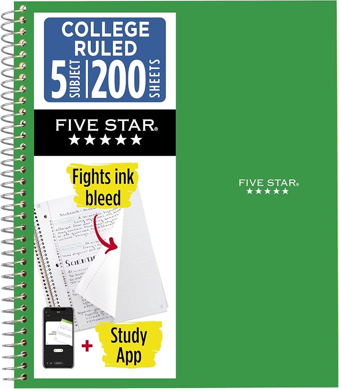 Five Star Spiral Notebook + Study App, 5 Subject, College Ruled Paper, 8-1/2" x 11", 200 Sheets, Fights Ink Bleed, Water Resistant Cover, Forest Green (72079) (Pack of 6)