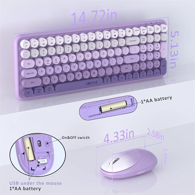 UBOTIE Wireless Keyboards and Mouse Combo (Purple Gradient) | Colorful Gradient Rainbow Color Retro Typewriter Flexible Keyboard, 2.4GHz Connection and Optical Mouse for PC Wins Mac