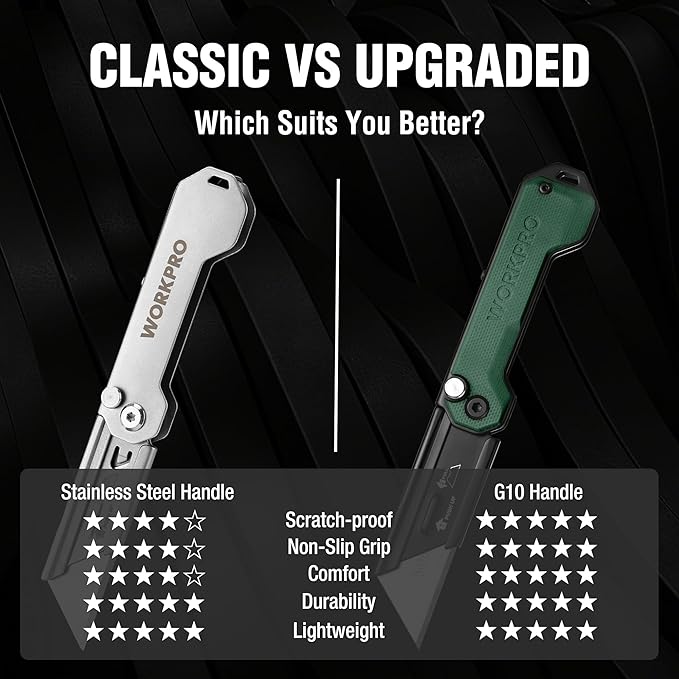 WORKPRO 3-Pack Folding Utility Knife, Compact EDC Box Cutter with G10 Handle, Axis Lock & Belt Clip, Quick Change Blade Razor Knife for Cardboard, Plastic, Cartons, Leather & Rope
