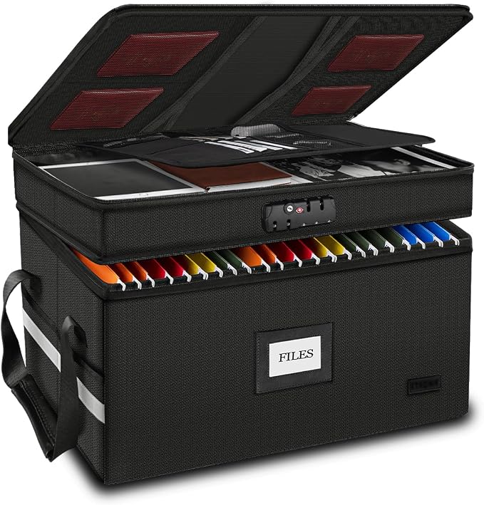 Large Fireproof Document Box with Lock, 2 Layer File Storage Organizer Box | Portable Office Collapsible File Storage with Reflective Strip & Handle for Hanging Letters, Legal Size Folder, Certificate