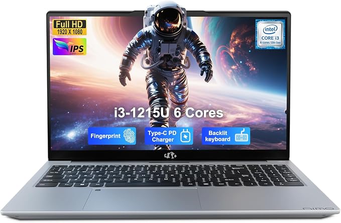 NIMO 15.6" FHD IPS Laptop, Core i3-1215U 6-Core Up to 4.4GHz (Beats R5 7520U), 8GB RAM 256GB SSD, Wi-Fi 6, Backlit Keyboard, Fingerprint Reader, 65W Type-C Charging, Student & Business Notebook