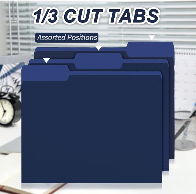 VZCPYTPM 100 Pack Navy Blue File Folder,1/3-Cut Tabs,Paper File Folders Letter Size,8.5x11 Manilla File Folders for Office Filing,School Projects and Home,Organizer Documents