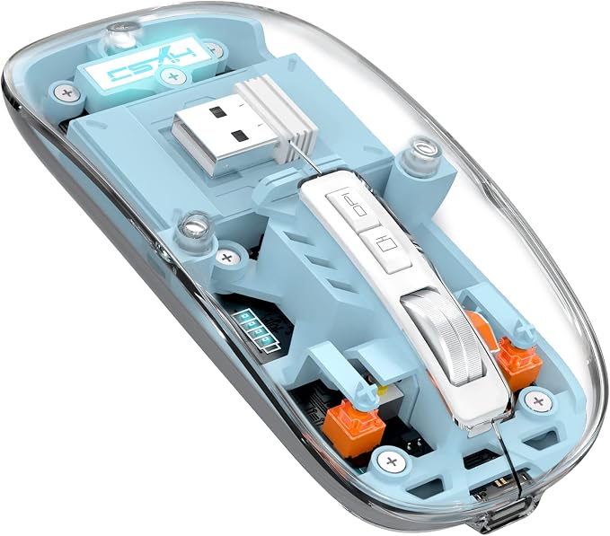 AJAZZ Wireless Bluetooth5.1&2.4G Mini Lightweight Mouse,Transparent Clear Cool,Rechargeable Silent Computer Mice,Nano USB C Receiver,LED Battery Magic Silm for Office/PC/Mac/Laptop/Apple/ipad(Blue)