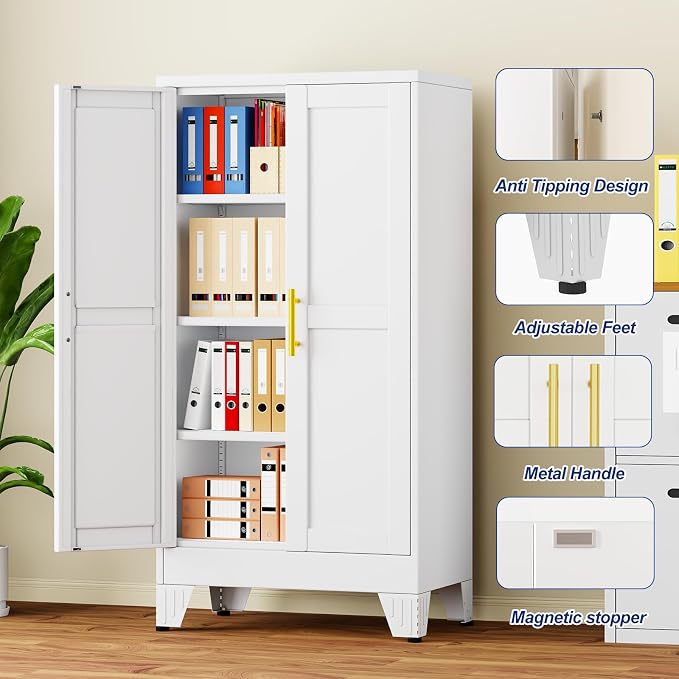 Metal Storage Cabinet with 2 Doors and 3 Adjustable Shelves - 47.2" Steel File Cabinet,Tool Cabinets for Office,Home,Garage,Gym,School,Bathroom,Kitchen(White)