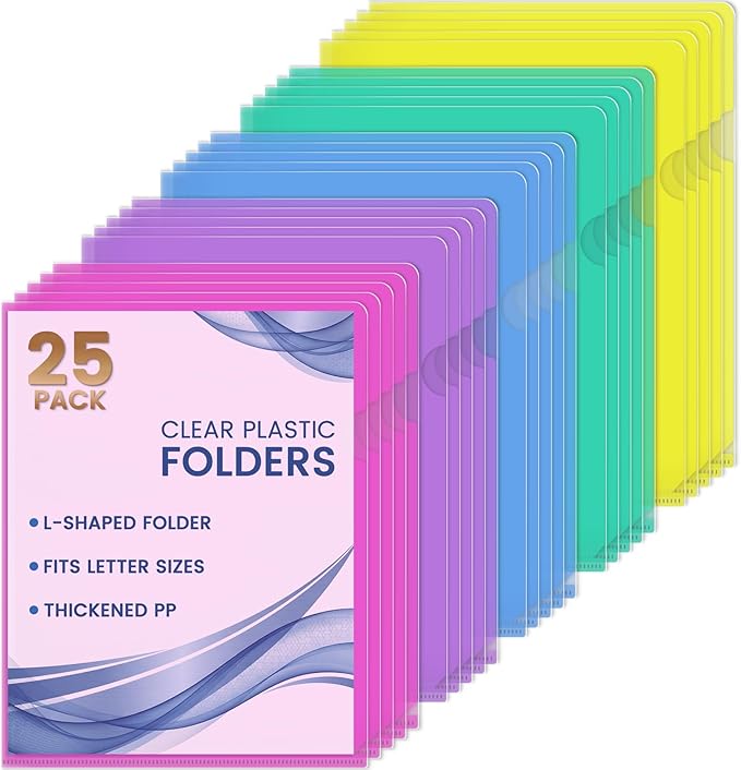Sooez 25 Pack Clear Document Folder Project Pockets, Clear Plastic Folders Letter Size Plastic Document Folders Paper Poly Jacket Sleeves Folders Copy, 5 Assorted Colors