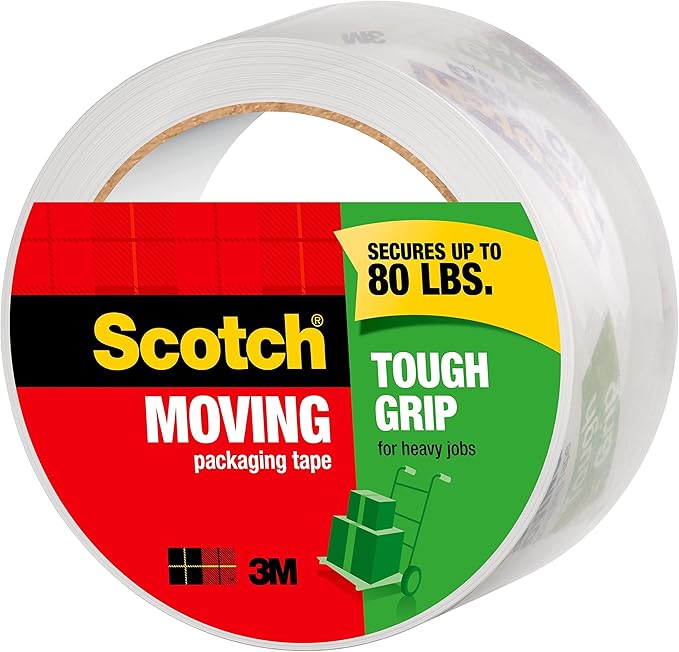 Scotch Tough Grip Moving Packing Tape, Clear, Moving Tape That Secures Boxess up to 80 Pounds, 1.88 in. x 54.6 yd., 1 Tape Roll
