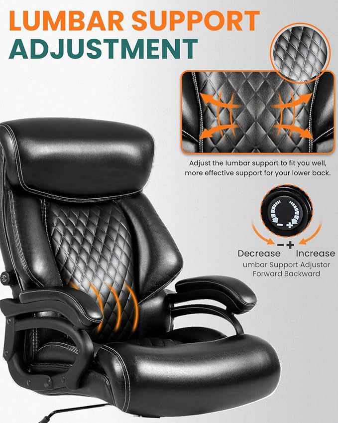 BOSMILLER 650lbs Large Big and Tall Office Chair for Heavy People with Adjustment Lumbar Support, Comfy Padded Heavy Duty Leather Executive Office Chair with Quiet Rubber for Adults 8 Hours Daliy Work